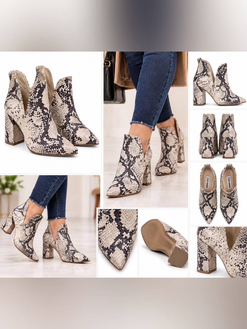 Steve Madden Black and Cream Snake-Print Ankle Booties